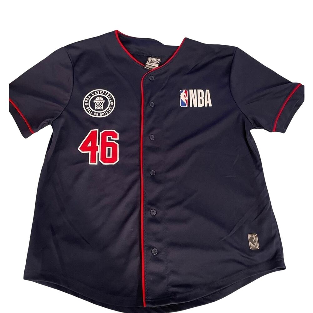 NBA Basketball Jersey Shirt #46 Men L Navy Blue Button Warm Up Short Sleeve Logo